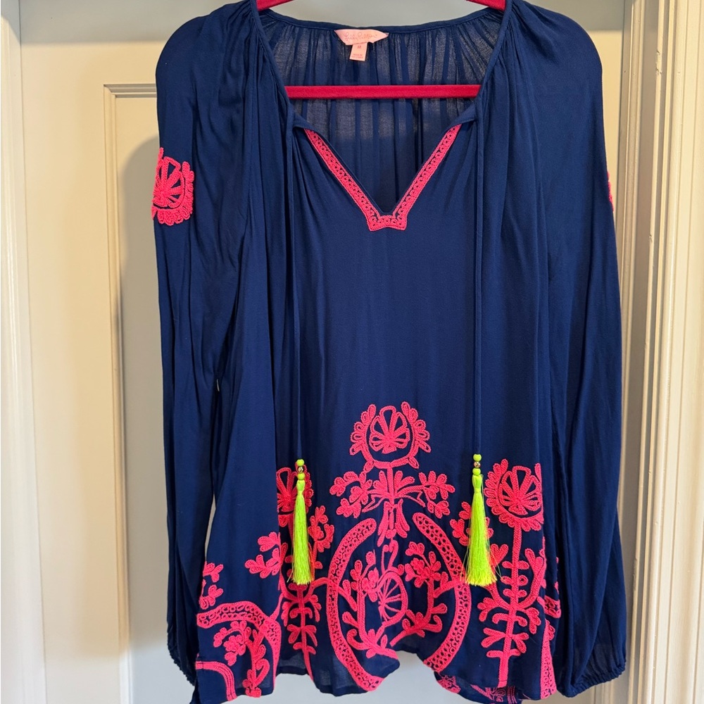 Lilly Pulitzer Navy Blouse with Pink Embroidery